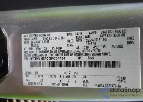 2016 Ford F-150 Xlt z USA, uszkodzony, nr VIN 1FTEW1EP0GFC04434